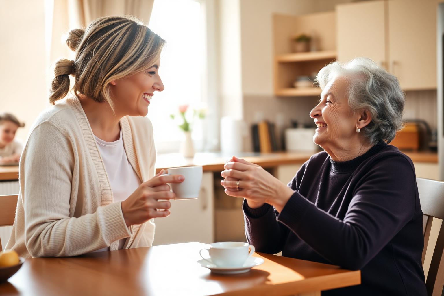 A caregiver and an elderly woman laughing over a cup of tea at a sunlit kitchen table